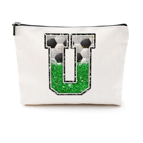 CQM Soccer Gifts Initial Makeup Bag Monogrammed Cosmetic Bag Letter U Zipper Pouch Soccer Accessories for Girls Women Player Coaches Friend Stuff Graduation Birthday Gifts - Image 1
