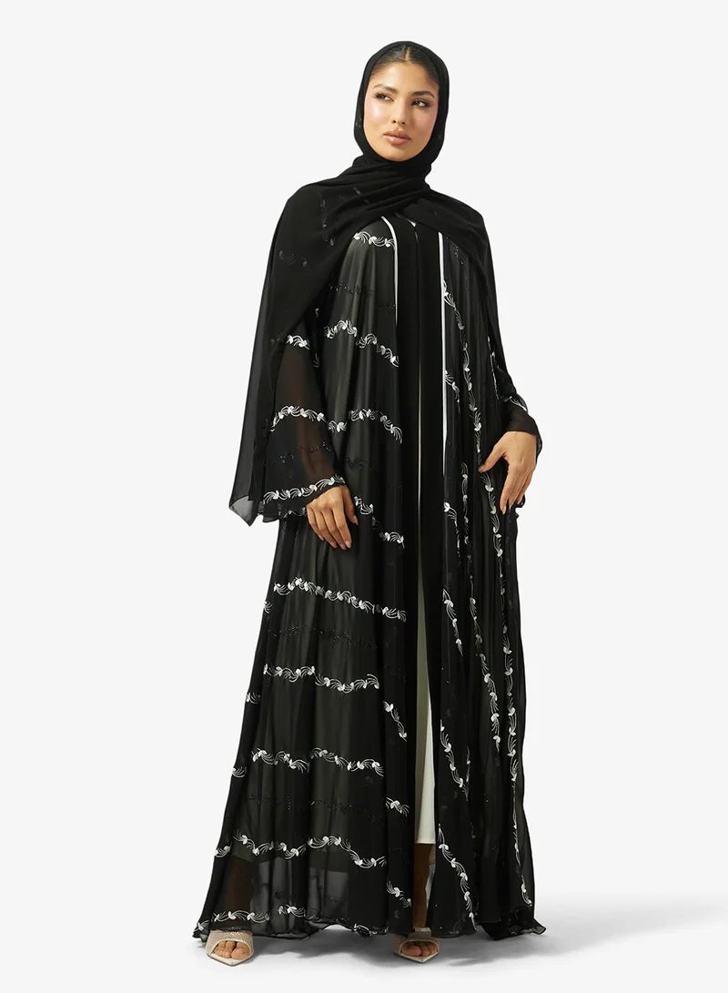 Floral Embroidered And Embellished Open Front High Neck Abaya