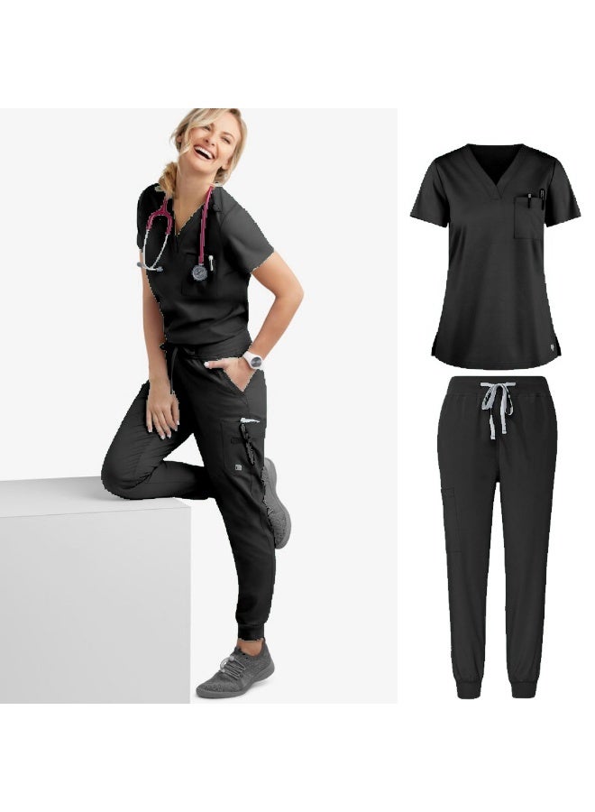 Loquat Womens Medical Scrubs Set Medical Uniform Set Black - Image 1