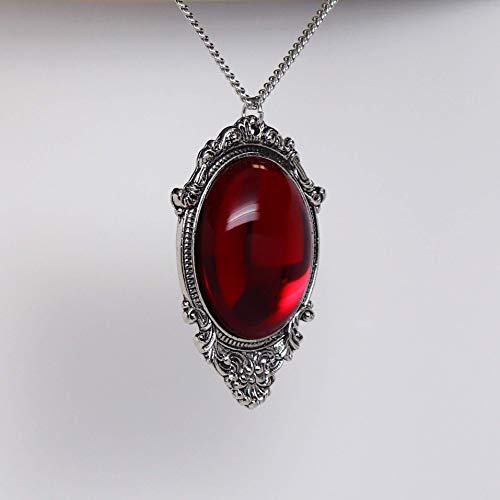 Real Metal Blood Red Cabochon in Silver Finish Pewter Frame Pendant Necklace - Image 4