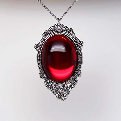 Real Metal Blood Red Cabochon in Silver Finish Pewter Frame Pendant Necklace - Image 5