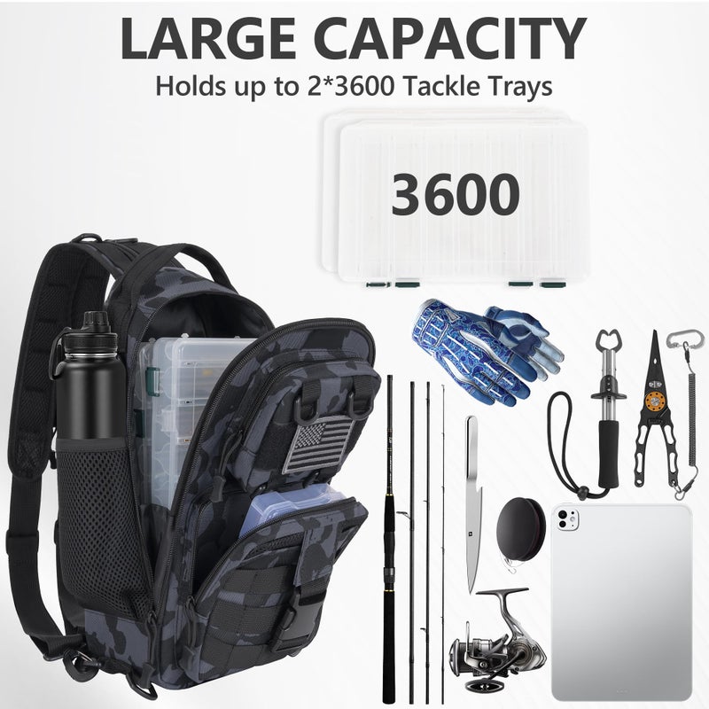 GMAK Fishing Backpack Tackle Sling Bag, Tactical Fishing Tackle Backpack with Rod & Gear Holder, Lightweight Outdoor Water-Resistant Tackle Gear Pack Shoulder Bags for Men Women, Black - Image 4