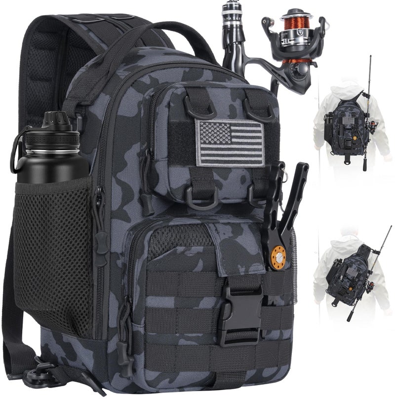 GMAK Fishing Backpack Tackle Sling Bag, Tactical Fishing Tackle Backpack with Rod & Gear Holder, Lightweight Outdoor Water-Resistant Tackle Gear Pack Shoulder Bags for Men Women, Black - Image 1