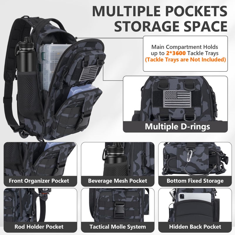 GMAK Fishing Backpack Tackle Sling Bag, Tactical Fishing Tackle Backpack with Rod & Gear Holder, Lightweight Outdoor Water-Resistant Tackle Gear Pack Shoulder Bags for Men Women, Black - Image 2