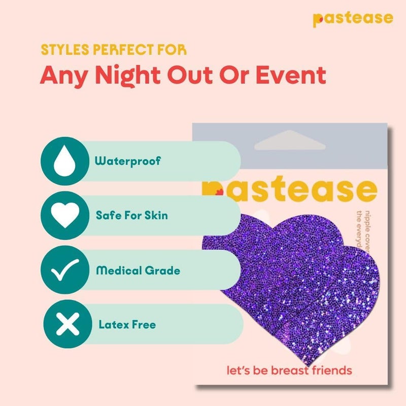 PASTEASE Store Heart Pasties - Glitter Purple Heart Nipple Covers for Festivals, Raves, & Lingerie | Halloween Accessory | Latex Free & Made in USA (Glitter Purple Heart) - Image 3