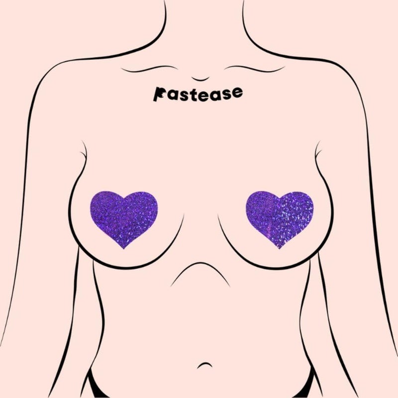 PASTEASE Store Heart Pasties - Glitter Purple Heart Nipple Covers for Festivals, Raves, & Lingerie | Halloween Accessory | Latex Free & Made in USA (Glitter Purple Heart) - Image 2