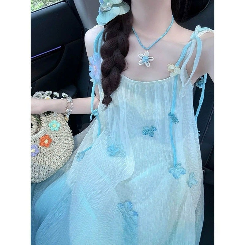 Girls Summer Gradient Blue Spaghetti Strap Floral Dress - Image 1