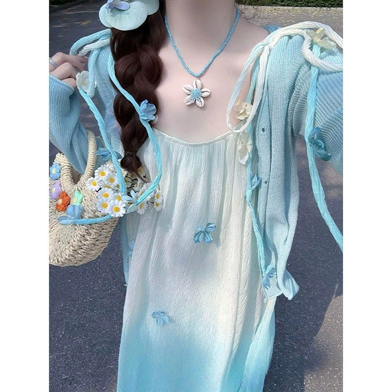 Girls Summer Gradient Blue Spaghetti Strap Floral Dress - Image 4