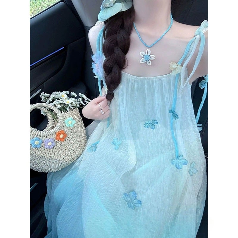 Girls Summer Gradient Blue Spaghetti Strap Floral Dress - Image 2