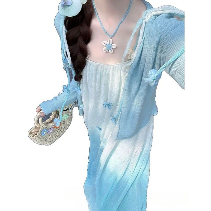 Girls Summer Gradient Blue Spaghetti Strap Floral Dress - Image 5