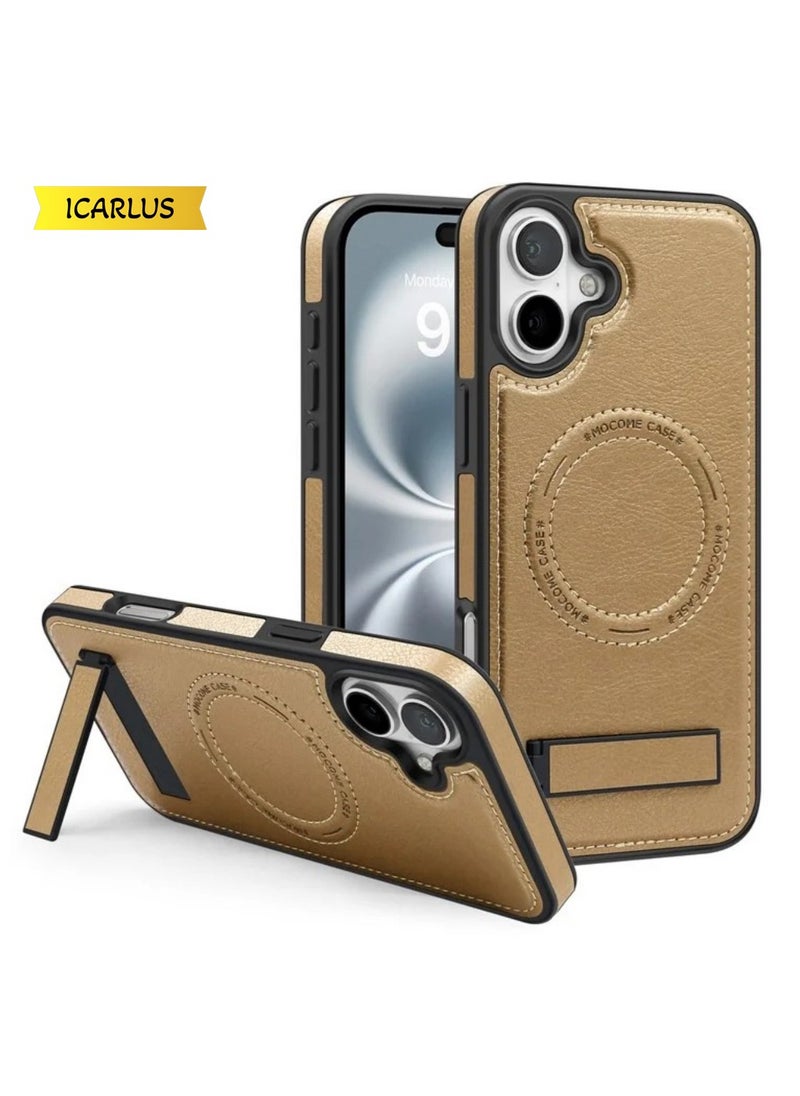 ICARLUS For iPhone 16 Case Compatible with MagSafe Slim-Fit PU Leather Coated TPU + PC Shell - Desert Gold  - Image 1
