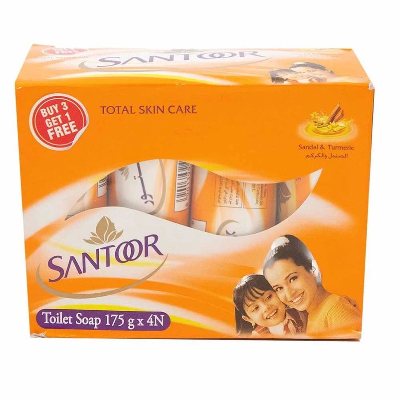 Santoor صابون سانتور للعناية الكاملة بالبشرة برائحة خشب الصندل والكركم، عبوة من 4 × 175 جرام - Image 1