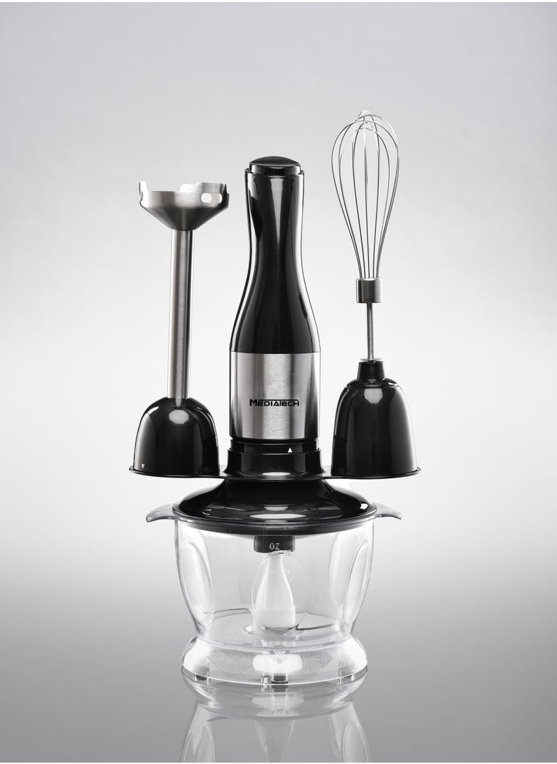 Mediatech 5 In 1 Hand Blender | 1.0L Chopper Bowl and 500mL Measuring Cup | 700W | Whisker & Batter Mixer Attachments | Stainless Steel Blades and Rods | BPA-Free Chopper Bowl | 8 Pieces | Safety Button | MT-HB14  - Image 3