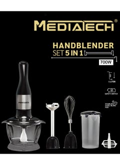 Mediatech 5 In 1 Hand Blender | 1.0L Chopper Bowl and 500mL Measuring Cup | 700W | Whisker & Batter Mixer Attachments | Stainless Steel Blades and Rods | BPA-Free Chopper Bowl | 8 Pieces | Safety Button | MT-HB14  - Image 1