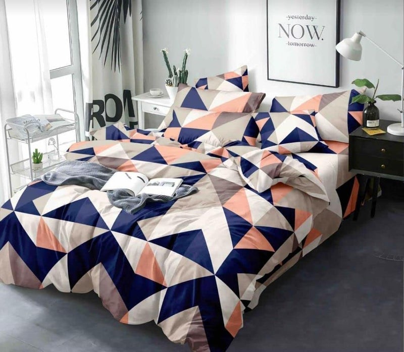 Sky Tex Multi Color 300 TC Glace Cotton Geometrical Printed Double Bed Comforter Set with Fitted Bed Sheet (1 Comforter, 1 Fitted Bed Sheet & 2 Pillow Covers)