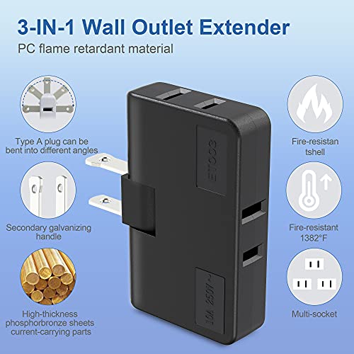 ETwinCoo 3-Way Flat Wall Outlet Extender & Splitter, 2-Prong Swivel Mini Plug - Safe AC Adapter for Home/Travel, Type A Black (2 Pack) - Image 2