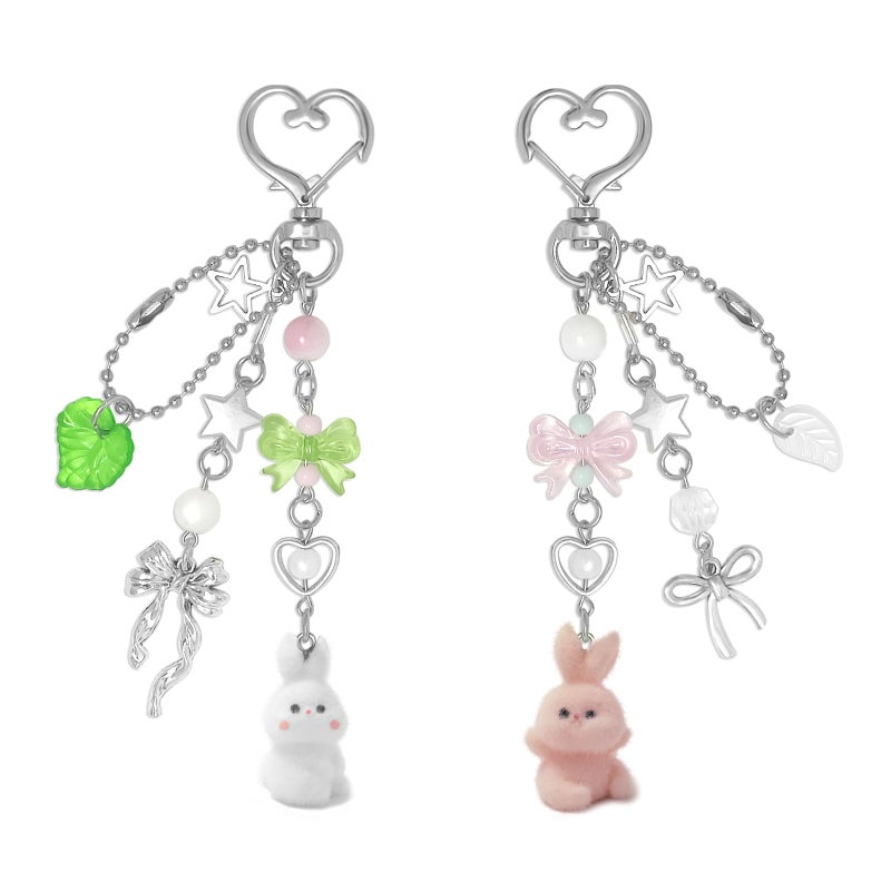 Nalefow Cute Pink Keychain,Fuzzy Cat Keychain Aesthetic Y2K KeychainStylish KeychainsAccessories (Pink & White Rabbit) - Image 1