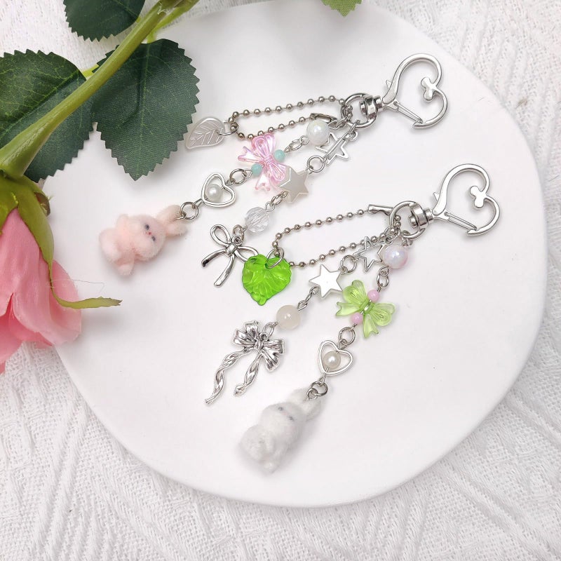Nalefow Cute Pink Keychain,Fuzzy Cat Keychain Aesthetic Y2K KeychainStylish KeychainsAccessories (Pink & White Rabbit) - Image 2