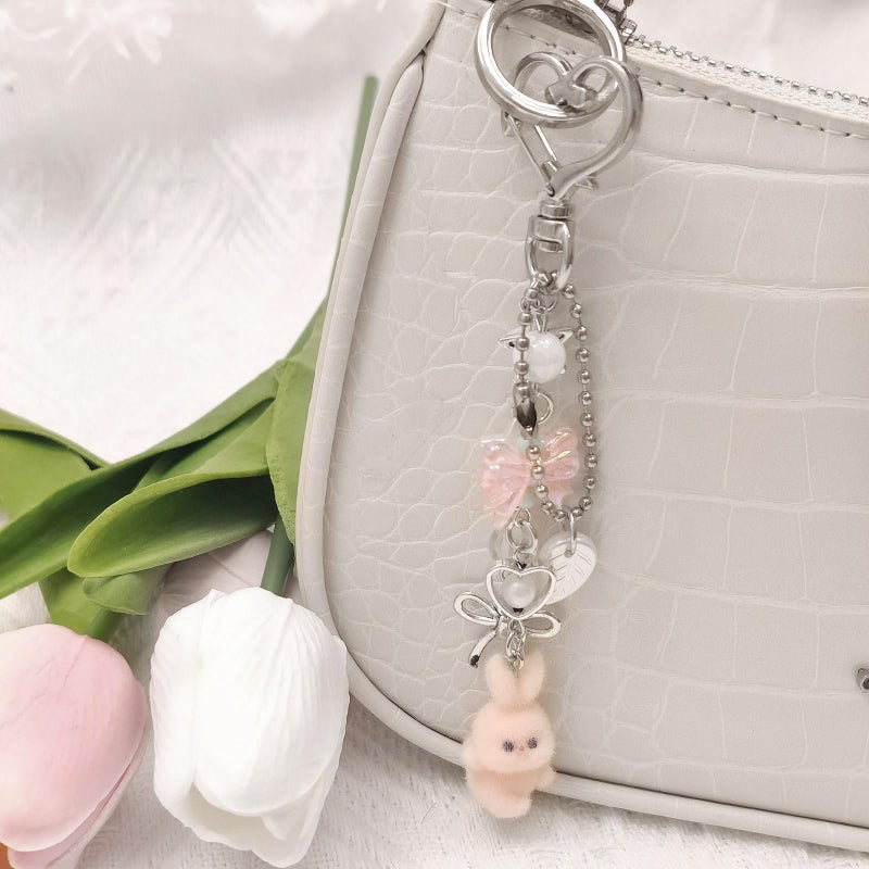 Nalefow Cute Pink Keychain,Fuzzy Cat Keychain Aesthetic Y2K KeychainStylish KeychainsAccessories (Pink & White Rabbit) - Image 3