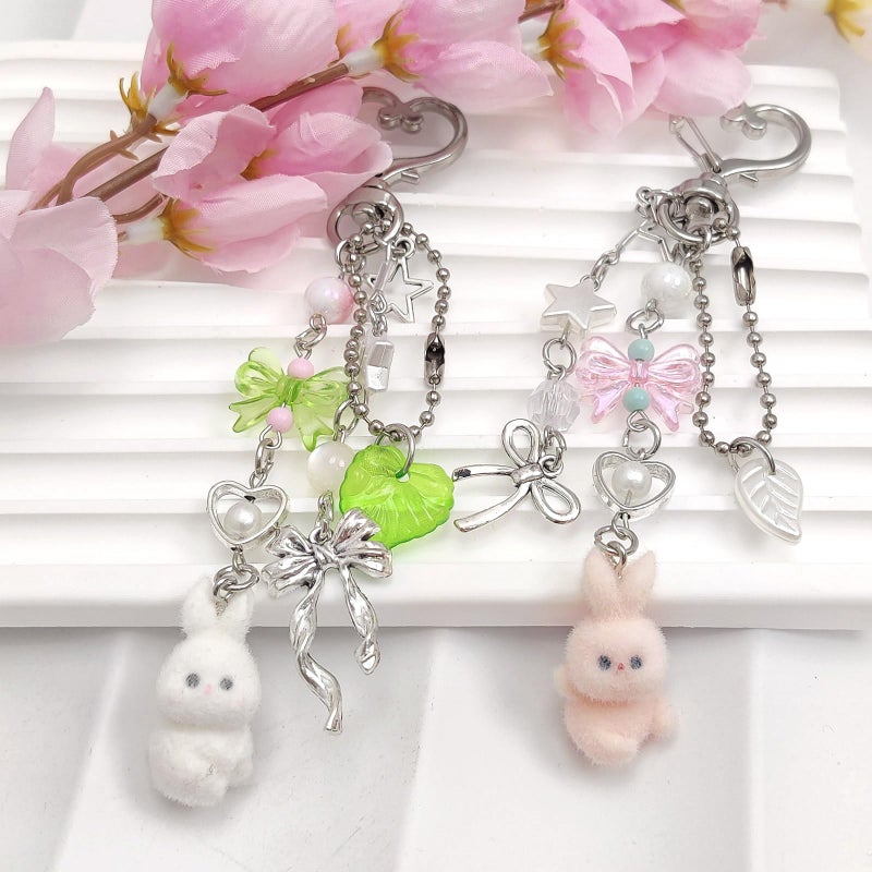 Nalefow Cute Pink Keychain,Fuzzy Cat Keychain Aesthetic Y2K KeychainStylish KeychainsAccessories (Pink & White Rabbit) - Image 5