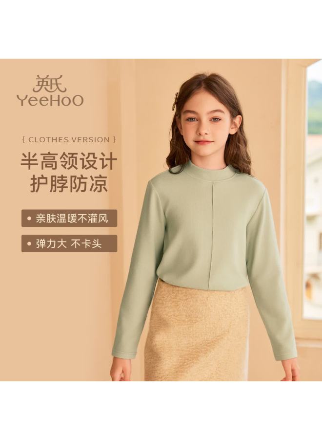Yeehoo Girls Thermal Base Layer Top Children's Warm Shirt Mid-high Collar Long Sleeve Spring Wear Green 130 - Image 1