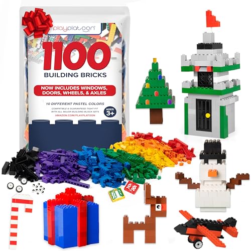 Play Platoon 1100 Piece Building Bricks Play Set, 10 Pastel Colors Bricks, Includes Wheels, Tires, Axles, Windows & Door Pieces - Image 1