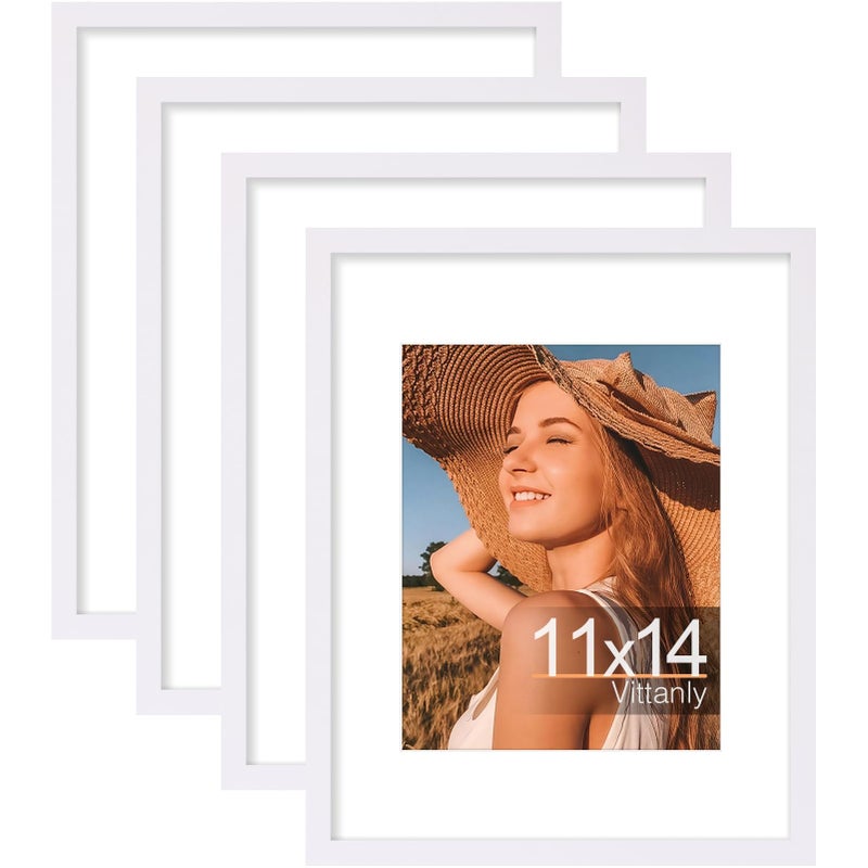 Vittanly 11x14 Picture Frame Set of 4 Display Pictures 8x10 with Mat or 11x14 without Mat Gallery Wall Frame Set for Wall or Tabletop Display White