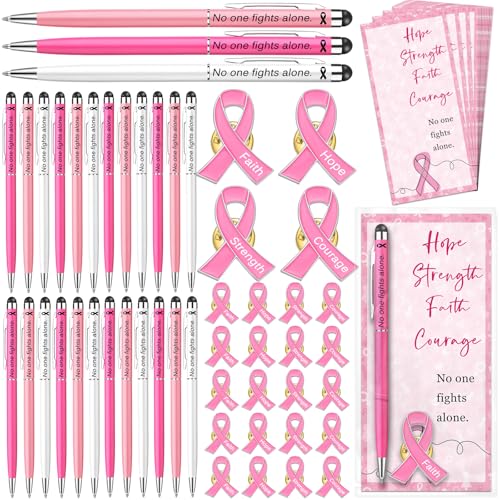 Janlaugh 48 Sets Breast Cancer Awareness Accessories 2 in 1 Pen with Stylus Tip Pink Ribbon Pin Breast Cancer Awareness Bulk Items Survivor Gifts Hope Cards Gift Bags Pink Ribbon Accessories - Image 1