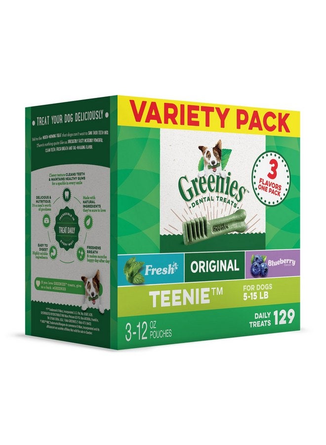 GREENIES TEENIE Natural Dog Dental Care Chews Oral Health Dog Treats 3-Flavor Variety Pack, (3) 12 oz. Pouches, 129 Total Treats - Image 1
