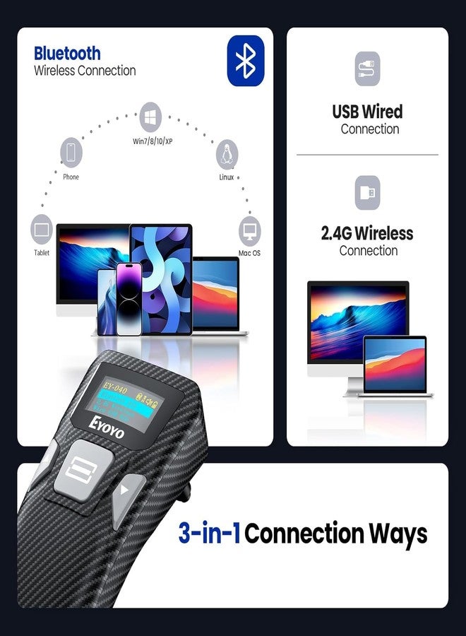 Eyoyo Bluetooth Barcode Scanner with Screen: Portable Mini 1D&2D QR Code Scanner for Retail Store, Library Book - USB Wired & Wireless Bar Code Reader Compatible for iPhone iPad Android Phone Laptop - Image 2