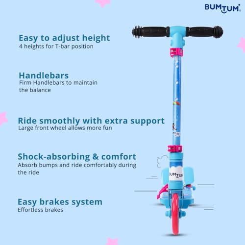 BUMTUM Smart 5inch 3 Wheels Kick Scooter for Kids | 3 Adjustable Height Scooter, Foldable & Attractive PVC Wheels with Rare Brakes Age 5 Years (SkyBlue & Pink) - Image 5