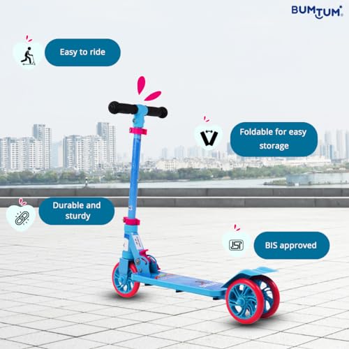 BUMTUM Smart 5inch 3 Wheels Kick Scooter for Kids | 3 Adjustable Height Scooter, Foldable & Attractive PVC Wheels with Rare Brakes Age 5 Years (SkyBlue & Pink) - Image 3