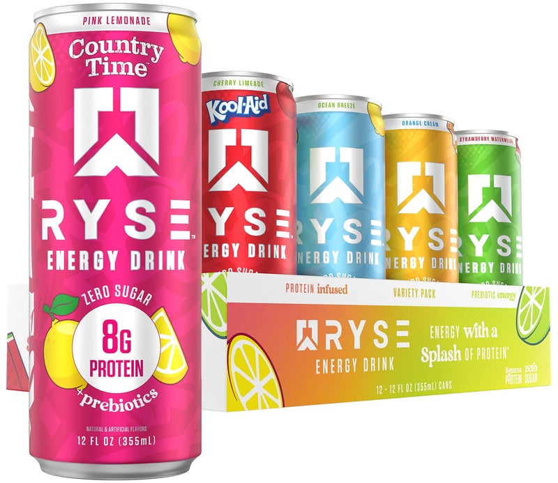 RYSE Up Supplements RYSE Functional Energy Drink - 5 Flavors Variety Pack - 150mg Natural Caffeine, 8g Whey Protein & 1g Prebiotics - Sugar Free, Gut-Friendly, Bloat-Free - 12 fl oz Cans (12-Pack) - Image 1