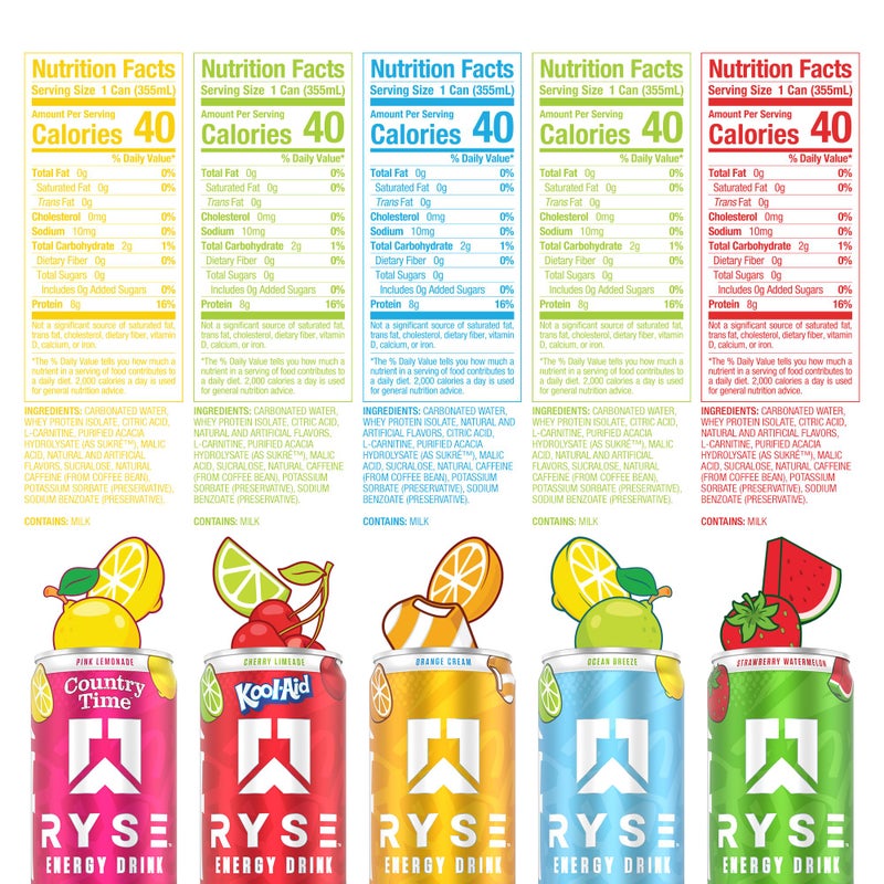 RYSE Up Supplements RYSE Functional Energy Drink - 5 Flavors Variety Pack - 150mg Natural Caffeine, 8g Whey Protein & 1g Prebiotics - Sugar Free, Gut-Friendly, Bloat-Free - 12 fl oz Cans (12-Pack) - Image 3