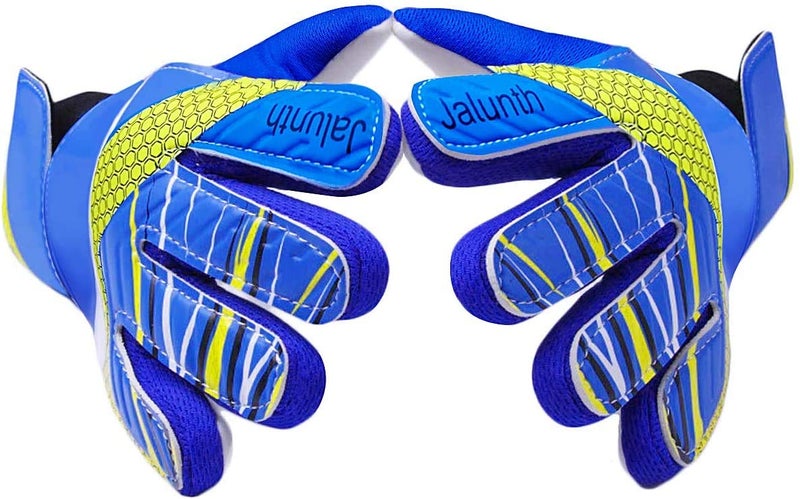 Jalunth Goalkeeper Goalie Soccer Gloves Kids Youth Goal Keeper Field Player Glove Boys Girls Ages 4-6 Years Old Anti-Slip Latex Palm Soft Pu Hand Back Blue Size 5 - Image 1