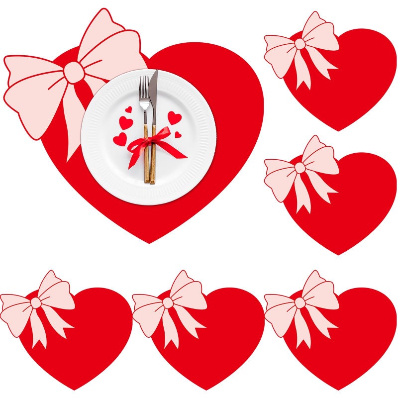 OBUSATT Valentine's Day Placemats Set of 6 Valentines Bow Heart Plastic Table Mats Sweet Red Heart Shaped Place Mats Washable Waterproof Table Decoration for Wedding Anniversary Holiday Party Kitchen Dining - Image 1