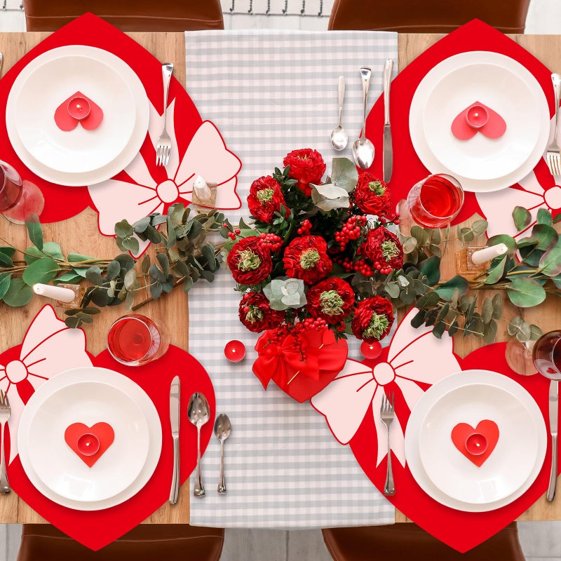 OBUSATT Valentine's Day Placemats Set of 6 Valentines Bow Heart Plastic Table Mats Sweet Red Heart Shaped Place Mats Washable Waterproof Table Decoration for Wedding Anniversary Holiday Party Kitchen Dining - Image 4