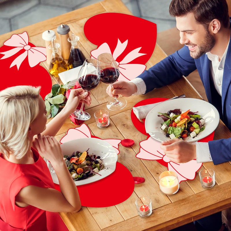 OBUSATT Valentine's Day Placemats Set of 6 Valentines Bow Heart Plastic Table Mats Sweet Red Heart Shaped Place Mats Washable Waterproof Table Decoration for Wedding Anniversary Holiday Party Kitchen Dining - Image 5