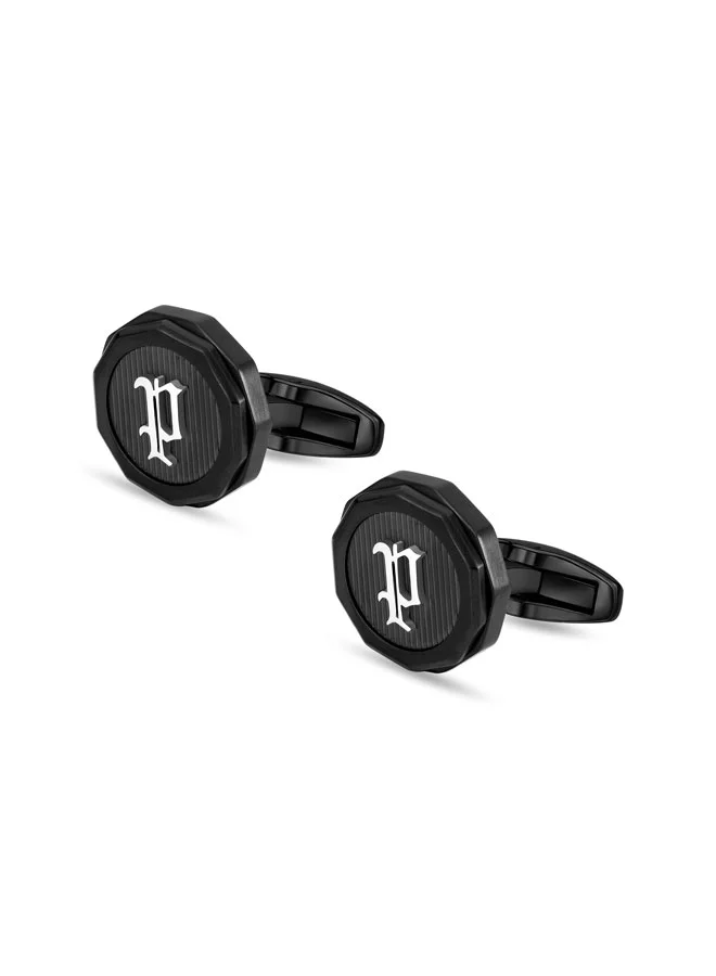 POLICE Guard Black Cufflinks with Silver P Logo Fringe for Men