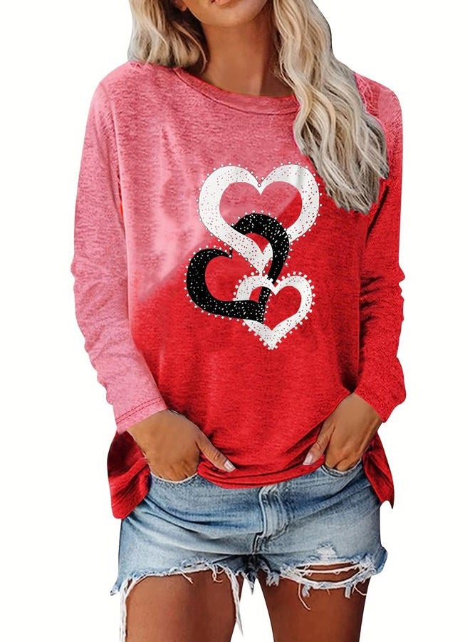 Valentines Outfits Shirts for Women Plus Size Love Heart Shirt Top Long Sleeve Valentine Tee Tops Clothes for Teen Girls, Red 2, XL