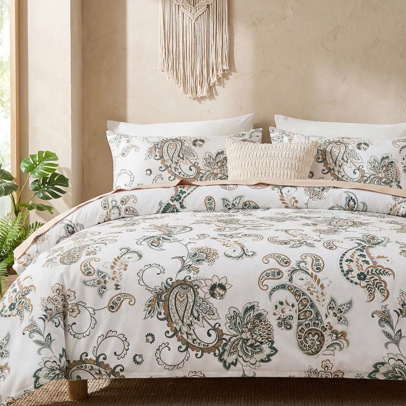 Cozaline Cozeline 100% Cotton Duvet Cover Queen Size, Green Paisley Bedding Set with Zipper Closure, 3 Pcs Breathable and Soft Duvet Cover for All Season - Image 1