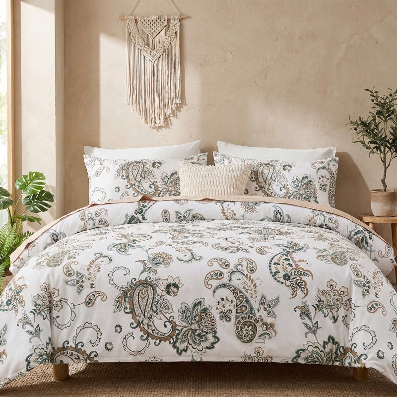 Cozaline Cozeline 100% Cotton Duvet Cover Queen Size, Green Paisley Bedding Set with Zipper Closure, 3 Pcs Breathable and Soft Duvet Cover for All Season - Image 3