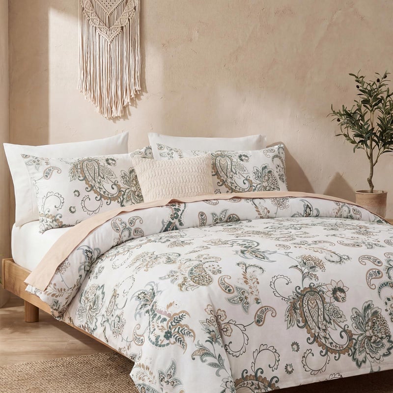 Cozaline Cozeline 100% Cotton Duvet Cover Queen Size, Green Paisley Bedding Set with Zipper Closure, 3 Pcs Breathable and Soft Duvet Cover for All Season - Image 2