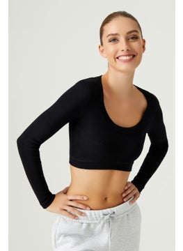 Los Ojos x Melodi Black Cotton Corded Crop Sports Blouse Long Sleeve  - Image 1