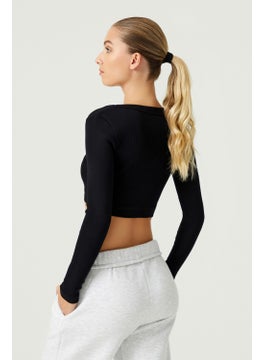 Los Ojos x Melodi Black Cotton Corded Crop Sports Blouse Long Sleeve  - Image 3