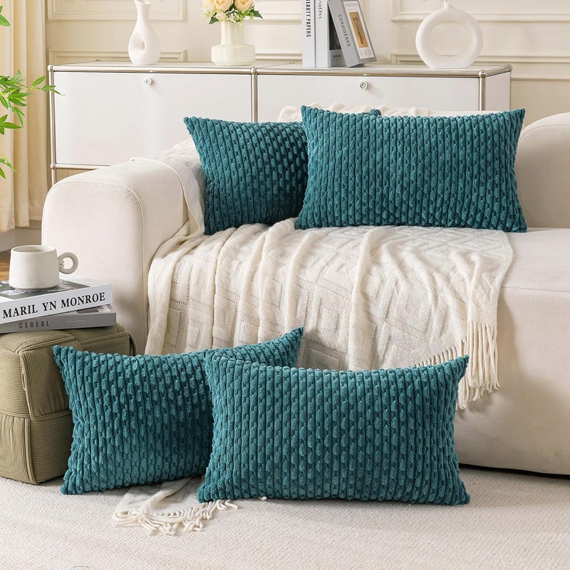 Cozoomy مجموعة من 4 أغطية وسائد زخرفية باللون الأزرق المخضر مقاس 12x20 بوصة من قماش الكوردرواي للسرير والأريكة والكنبة وغرفة المعيشة، أغطية وسائد ناعمة - Image 1