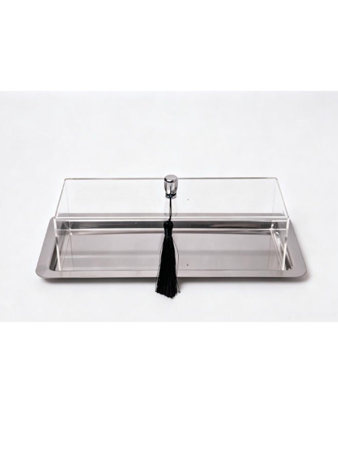 Trust Stainless Steel Rectangular Cake Serving Tray with Aclyric Lid Silver 33cm - Image 1