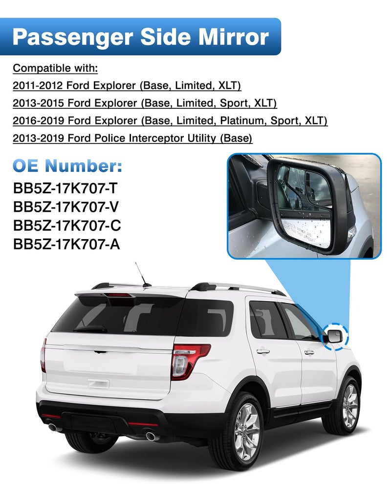 TOP-MAX Passenger Side Mirror Glass Replacement for Ford Explorer 2011 2012 2013 2014 2015 2016 2017 2018 2019, Heated Exterior Right Chrome Convex Mirror with Backing Plate, BB5Z17K707B - Image 3