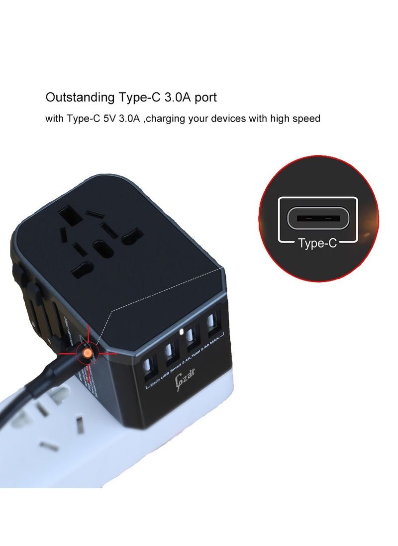 Gzar Universal Travel Adapter International Power Plug Adapter Ultra Fast All in One 4 Ultra Fast USB Port Type C 3.4A Multi Adapter Worldwide UK EU US AU