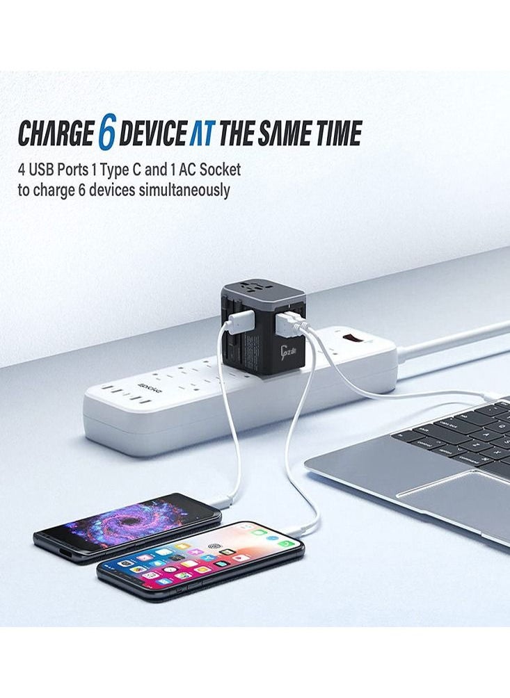 Gzar Universal Travel Adapter International Power Plug Adapter Ultra Fast All in One 4 Ultra Fast USB Port Type C 3.4A Multi Adapter Worldwide UK EU US AU